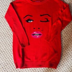 Red/Pink Betsey Johnson Graphic Face Sweater